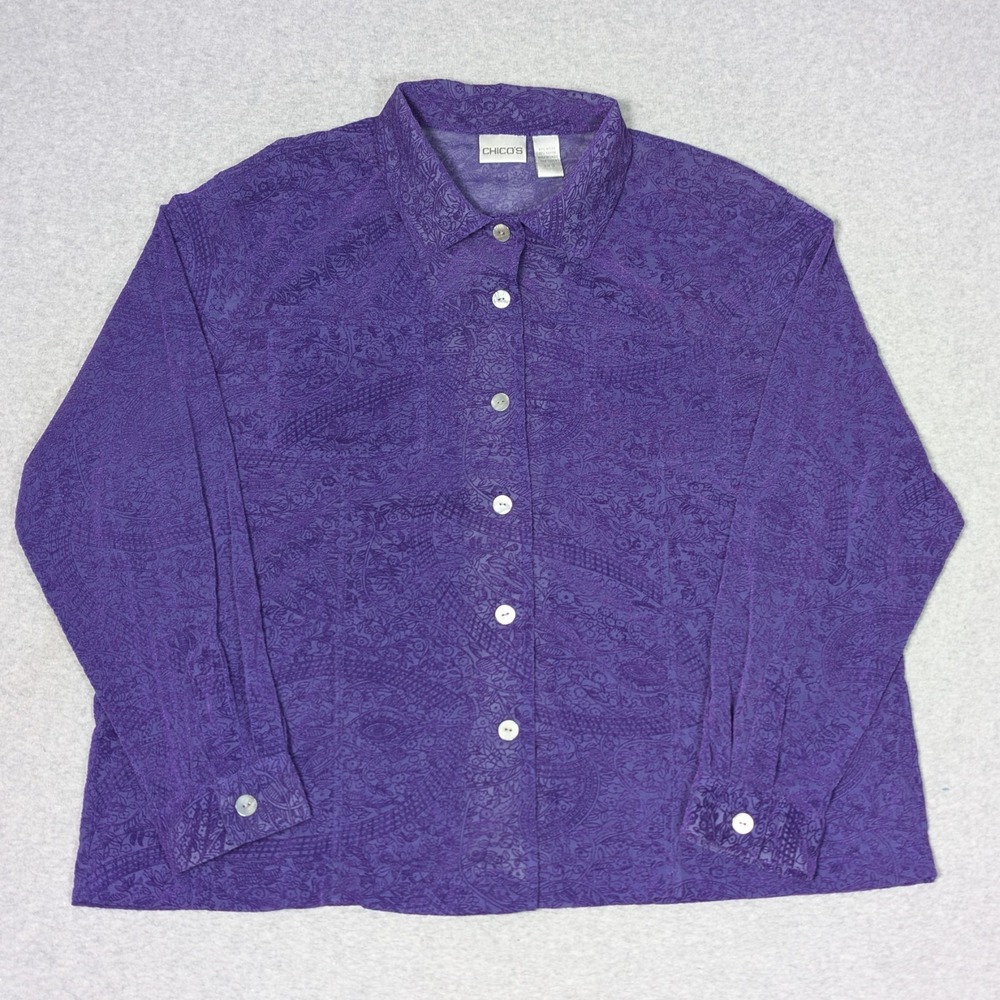 Chico's Sheer Floral Blouse Womens Size 3 Long Sleeve Lightweight Paisley Purple
